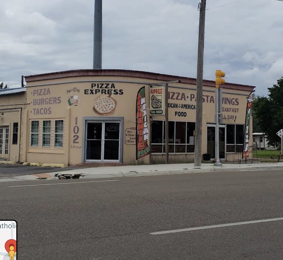 Pizza Express storefront in Rio Hondo, Texas with hand-painted PIZZA, BURGERS, TACOS signs
